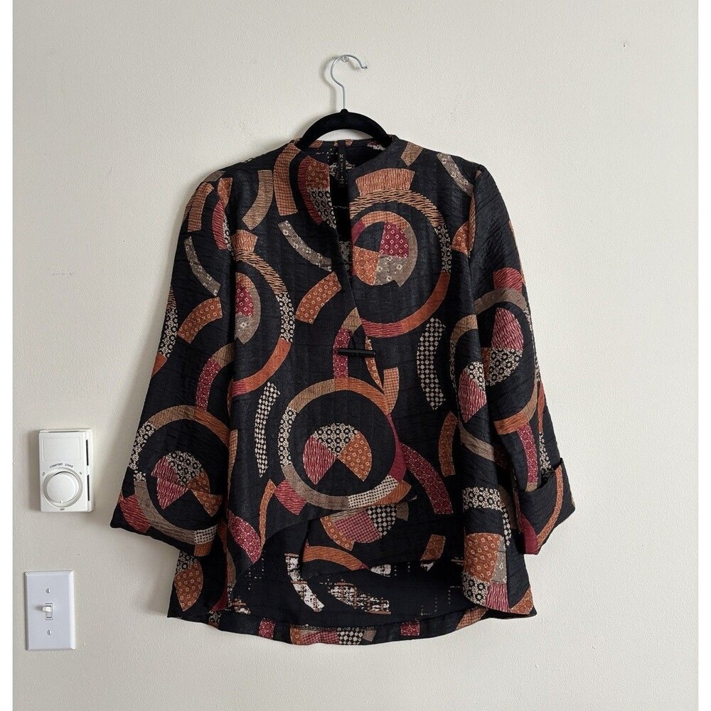 IC by‎ Connie K Small Asymmetrical Jacket Shirt Artsy Boho Abstract Black Orange